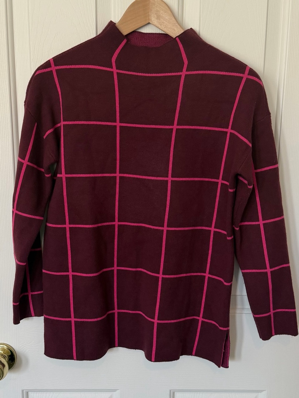 LOFT Burgundy Sweater with Pink Windowpane Grid